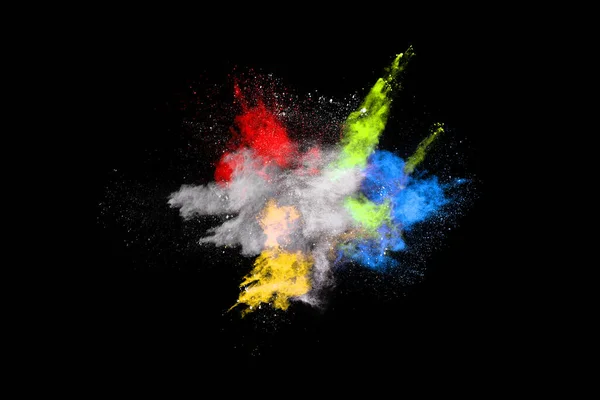 Abstract Gekleurde Stof Explosie Een Zwarte Achtergrond Abstract Poeder Splatted — Stockfoto