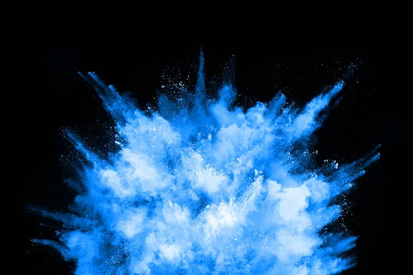 Blauwe Poeder Explosie Zwarte Achtergrond Gekleurde Wolk Kleurrijk Stof Explodeert — Stockfoto