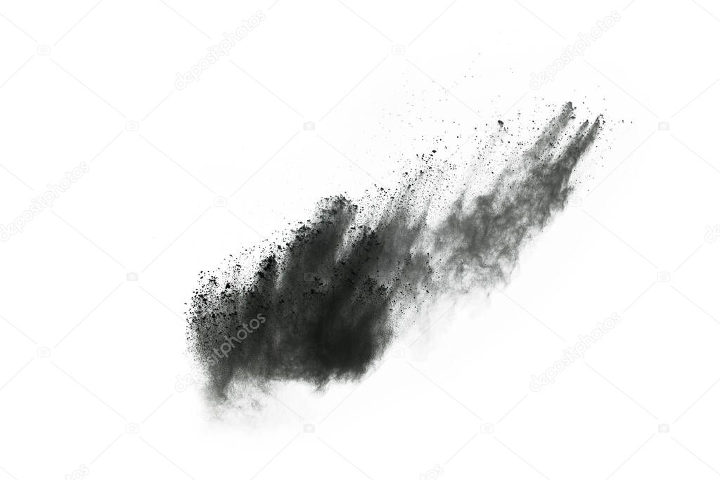 particles of charcoal on white background,abstract powder splatted on white background,Freeze motion of black powder exploding or throwing black powder.