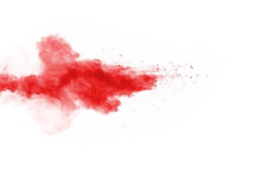 Beyaz arka planda izole edilmiş kırmızı barutun patlaması hareketsiz. Kırmızı toz bulutunun soyut tasarımı. Parçacık patlaması ekran koruyucusu, duvar kağıdı