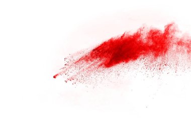 Beyaz arka planda izole edilmiş kırmızı barutun patlaması hareketsiz. Kırmızı toz bulutunun soyut tasarımı. Parçacık patlaması ekran koruyucusu, duvar kağıdı