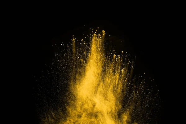 Freeze Motion Yellow Dust Explosion Isolated Black Background — Stock Photo, Image