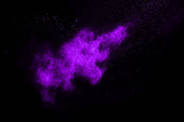 Movimento Explosão Poeira Abstrata Congelado Roxo Sobre Fundo Preto Pare — Fotografia de Stock