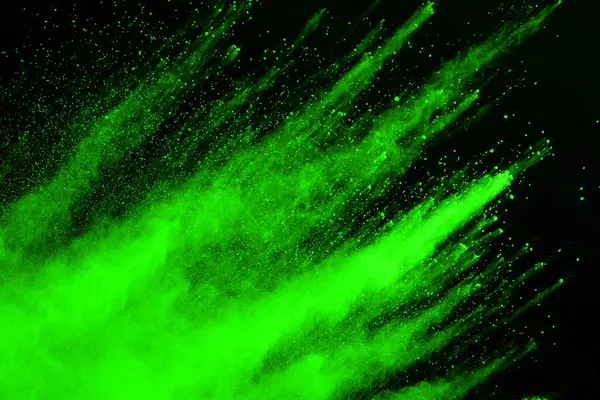 Movimento Explosão Poeira Abstrata Congelado Verde Sobre Fundo Preto Pare — Fotografia de Stock