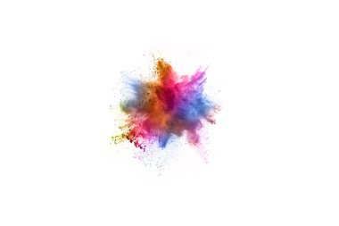 Soyut barut sıçramış arka plan. Beyaz arka planda renkli barut patlaması. Renkli bulut. Renkli toz patlar. Boya Holi.
