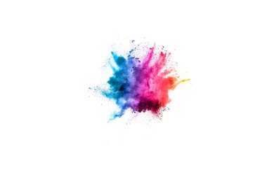 Soyut barut sıçramış arka plan. Beyaz arka planda renkli barut patlaması. Renkli bulut. Renkli toz patlar. Boya Holi.