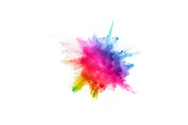 Soyut barut sıçramış arka plan. Beyaz arka planda renkli barut patlaması. Renkli bulut. Renkli toz patlar. Boya Holi.
