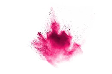 Soyut pembe toz sıçramış arkaplan, patlayan renk tozunun hareketsiz hareketi / renk pudrası, beyaz arkaplanda renk parıltısı dokusu.