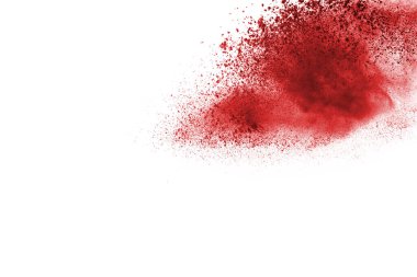 Beyaz arka planda izole edilmiş kırmızı barutun patlaması hareketsiz. Kırmızı toz bulutunun soyut tasarımı. Parçacık patlaması ekran koruyucusu, duvar kağıdı