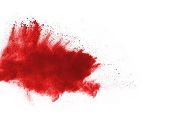 Beyaz arka planda izole edilmiş kırmızı barutun patlaması hareketsiz. Kırmızı toz bulutunun soyut tasarımı. Parçacık patlaması ekran koruyucusu, duvar kağıdı