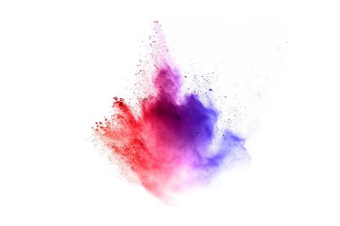 Soyut barut sıçramış arka plan. Beyaz arka planda renkli barut patlaması. Renkli bulut. Renkli toz patlar. Boya Holi.