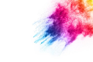 Soyut barut sıçramış arka plan. Beyaz arka planda renkli barut patlaması. Renkli bulut. Renkli toz patlar. Boya Holi.