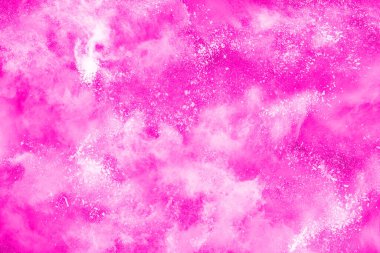Soyut pembe toz sıçramış arkaplan, patlayan renk tozunun hareketsiz hareketi / renk pudrası, beyaz arkaplanda renk parıltısı dokusu.