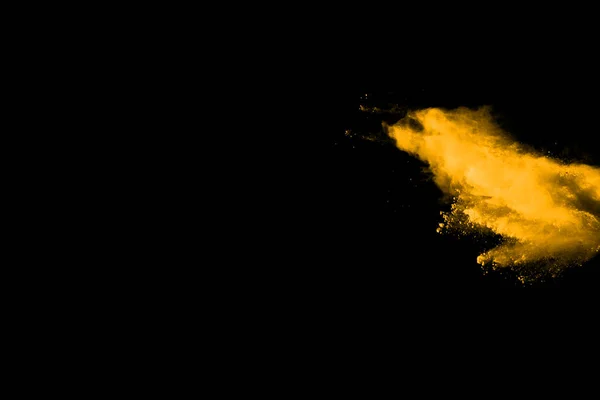 Freeze Motion Yellow Dust Explosion Isolated Black Background — Stock Photo, Image