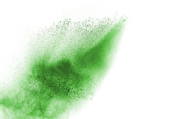 Grönt Pulver Explosion Vit Bakgrund Färgat Moln Färgstarkt Damm Exploderar — Stockfoto