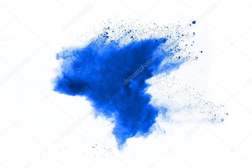 Blue powder explosion on white background. Colored cloud. Colorful dust explode. Paint Holi.