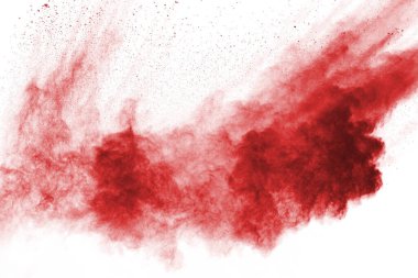 Beyaz arka planda izole edilmiş kırmızı barutun patlaması hareketsiz. Kırmızı toz bulutunun soyut tasarımı. Parçacık patlaması ekran koruyucusu, duvar kağıdı