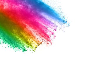 Soyut barut sıçramış arka plan. Beyaz arka planda renkli barut patlaması. Renkli bulut. Renkli toz patlar. Boya Holi.