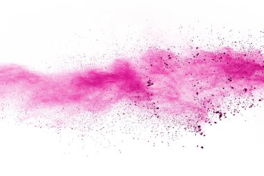 Soyut pembe toz sıçramış arkaplan, patlayan renk tozunun hareketsiz hareketi / renk pudrası, beyaz arkaplanda renk parıltısı dokusu.