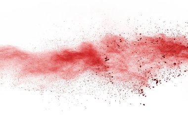 Beyaz arka planda izole edilmiş kırmızı barutun patlaması hareketsiz. Kırmızı toz bulutunun soyut tasarımı. Parçacık patlaması ekran koruyucusu, duvar kağıdı
