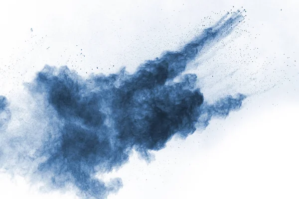 Blauwe Poeder Explosie Witte Achtergrond Gekleurde Wolk Kleurrijk Stof Explodeert — Stockfoto