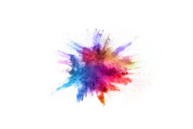 Soyut barut sıçramış arka plan. Beyaz arka planda renkli barut patlaması. Renkli bulut. Renkli toz patlar. Boya Holi.