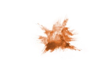 Beyaz arka planda kahverengi renkli toz patlaması. Renkli bulut. Renkli toz patlar. Boya Holi.