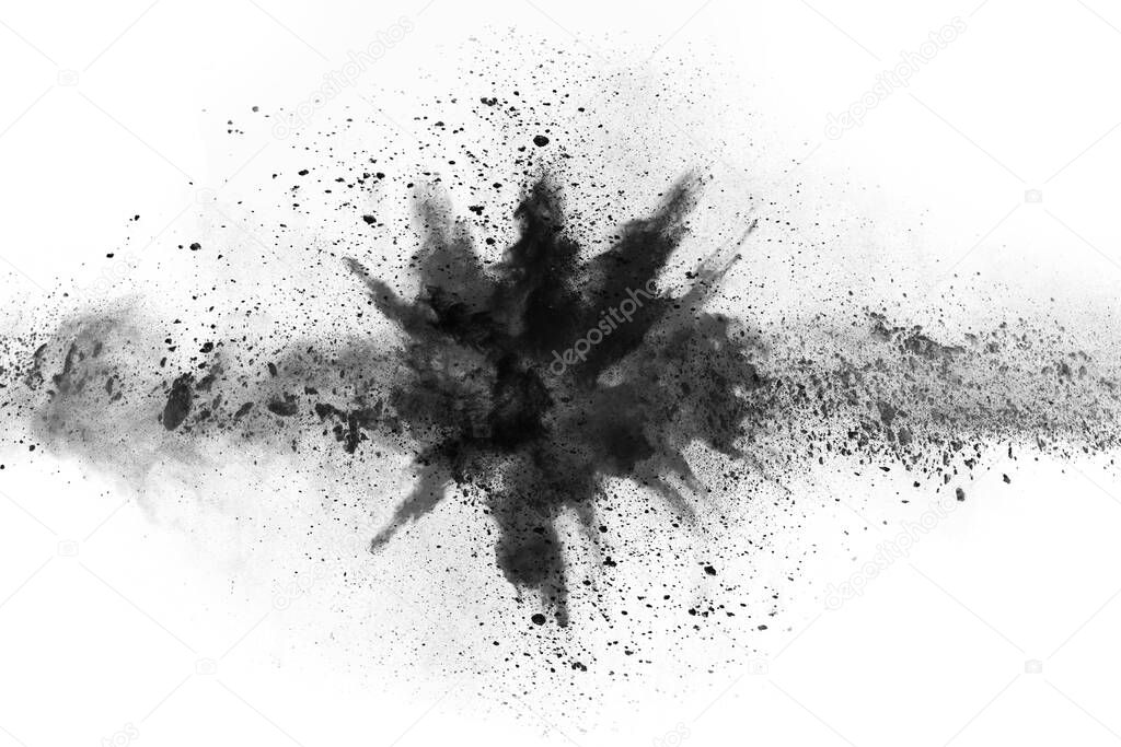 particles of charcoal on white background,abstract powder splatted on white background,Freeze motion of black powder exploding or throwing black powder.