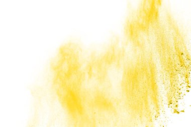 Barut patlaması. Beyaz üzerine izole edilmiş sarı toz parçacığı patlaması. Soyut arkaplan