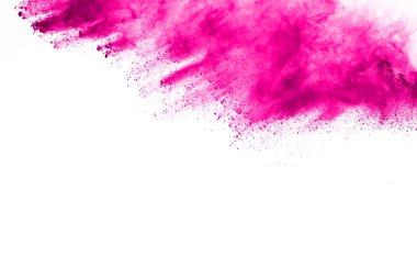Soyut pembe toz sıçramış arkaplan, patlayan renk tozunun hareketsiz hareketi / renk pudrası, beyaz arkaplanda renk parıltısı dokusu.