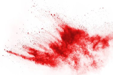 Beyaz arka planda izole edilmiş kırmızı barutun patlaması hareketsiz. Kırmızı toz bulutunun soyut tasarımı. Parçacık patlaması ekran koruyucusu, duvar kağıdı