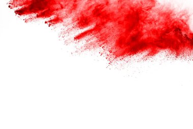 Beyaz arka planda izole edilmiş kırmızı barutun patlaması hareketsiz. Kırmızı toz bulutunun soyut tasarımı. Parçacık patlaması ekran koruyucusu, duvar kağıdı