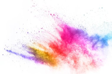 Soyut barut sıçramış arka plan. Beyaz arka planda renkli barut patlaması. Renkli bulut. Renkli toz patlar. Boya Holi.