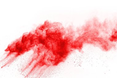 Beyaz arka planda izole edilmiş kırmızı barutun patlaması hareketsiz. Kırmızı toz bulutunun soyut tasarımı. Parçacık patlaması ekran koruyucusu, duvar kağıdı