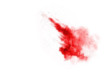 Beyaz arka planda izole edilmiş kırmızı barutun patlaması hareketsiz. Kırmızı toz bulutunun soyut tasarımı. Parçacık patlaması ekran koruyucusu, duvar kağıdı