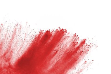 Beyaz arka planda izole edilmiş kırmızı barutun patlaması hareketsiz. Kırmızı toz bulutunun soyut tasarımı. Parçacık patlaması ekran koruyucusu, duvar kağıdı