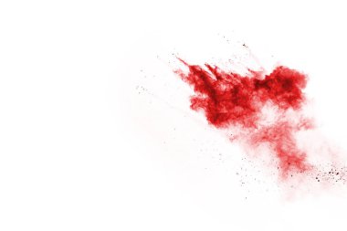 Beyaz arka planda izole edilmiş kırmızı barutun patlaması hareketsiz. Kırmızı toz bulutunun soyut tasarımı. Parçacık patlaması ekran koruyucusu, duvar kağıdı