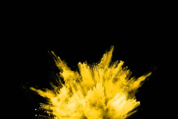 Freeze Motion Yellow Dust Explosion Isolated Black Background — Stock Photo, Image