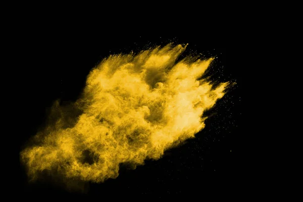 Congelar Movimento Explosão Poeira Amarela Isolada Fundo Preto — Fotografia de Stock