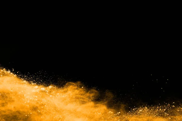 Freeze Motion Yellow Dust Explosion Isolated Black Background — Stock Photo, Image