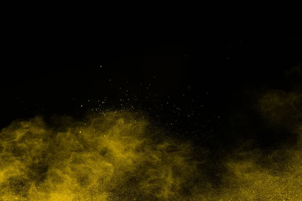 Freeze Motion Yellow Dust Explosion Isolated Black Background — Stock Photo, Image