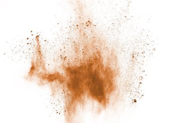 Beyaz arka planda kahverengi renkli toz patlaması. Renkli bulut. Renkli toz patlar. Boya Holi.