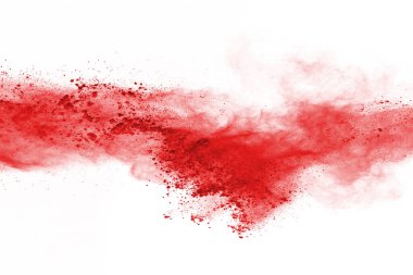 Beyaz arka planda izole edilmiş kırmızı barutun patlaması hareketsiz. Kırmızı toz bulutunun soyut tasarımı. Parçacık patlaması ekran koruyucusu, duvar kağıdı