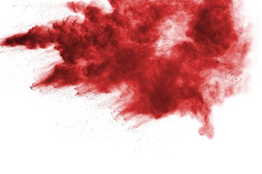 Beyaz arka planda izole edilmiş kırmızı barutun patlaması hareketsiz. Kırmızı toz bulutunun soyut tasarımı. Parçacık patlaması ekran koruyucusu, duvar kağıdı