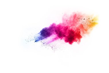 Soyut barut sıçramış arka plan. Beyaz arka planda renkli barut patlaması. Renkli bulut. Renkli toz patlar. Boya Holi.