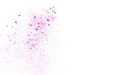 Soyut pembe toz sıçramış arkaplan, patlayan renk tozunun hareketsiz hareketi / renk pudrası, beyaz arkaplanda renk parıltısı dokusu.