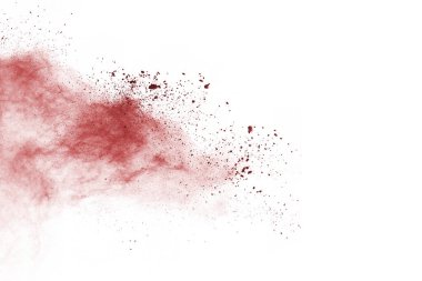 Beyaz arka planda izole edilmiş kırmızı barutun patlaması hareketsiz. Kırmızı toz bulutunun soyut tasarımı. Parçacık patlaması ekran koruyucusu, duvar kağıdı