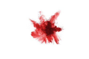Beyaz arka planda izole edilmiş kırmızı barutun patlaması hareketsiz. Kırmızı toz bulutunun soyut tasarımı. Parçacık patlaması ekran koruyucusu, duvar kağıdı
