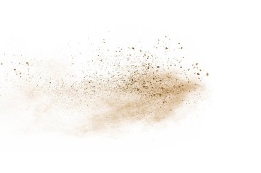 Beyaz arka planda kahverengi renkli toz patlaması. Renkli bulut. Renkli toz patlar. Boya Holi.