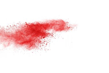 Beyaz arka planda izole edilmiş kırmızı barutun patlaması hareketsiz. Kırmızı toz bulutunun soyut tasarımı. Parçacık patlaması ekran koruyucusu, duvar kağıdı